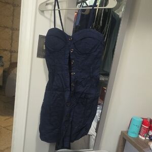 Deb Strapless Navy Dress with Button Detail